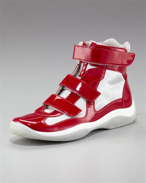 all red prada sneakers|red high top prada.